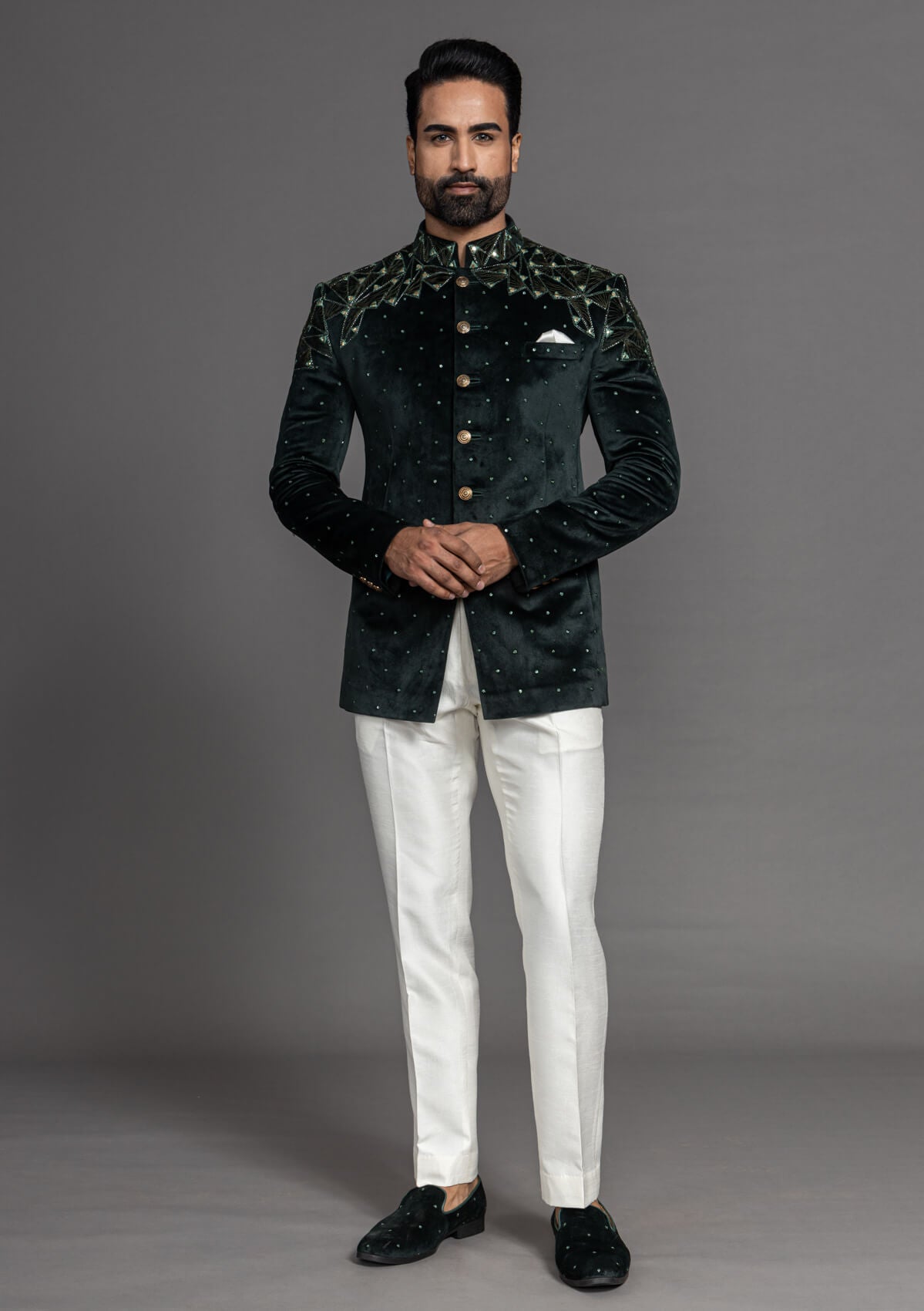 Bandhgala suit with intricate embroidery
