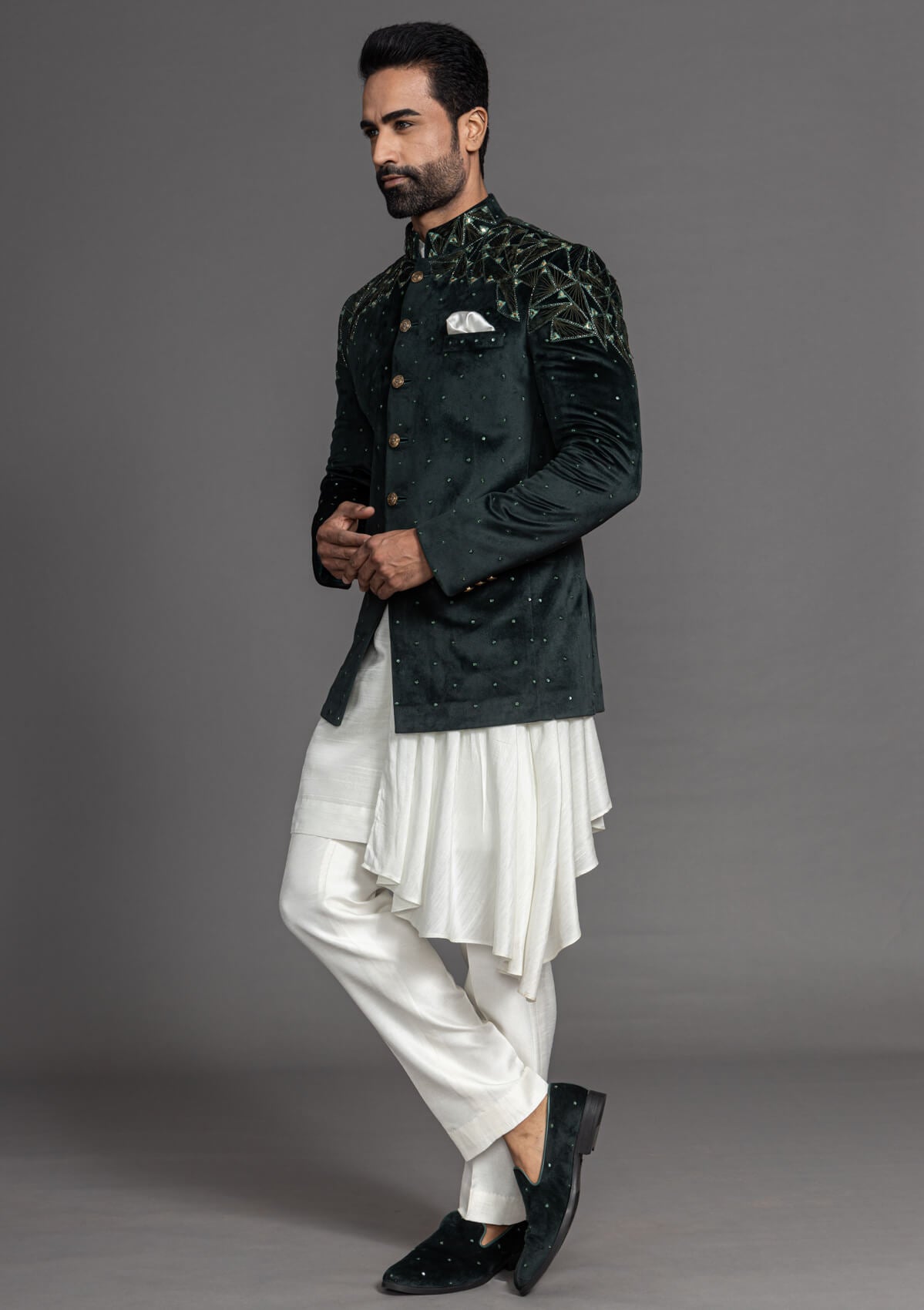 Elegant Bandhgala suit with a modern twist and intricate detailing